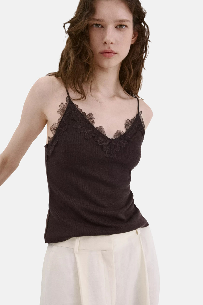 Brown knit camisole with floral lace trim by Top - brun, worn with cream trousers, front view