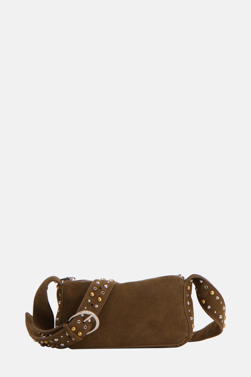Sac à bandoulière kaki de MANGO, avec bandoulière à boucle argentée et détails de clous décoratifs.
