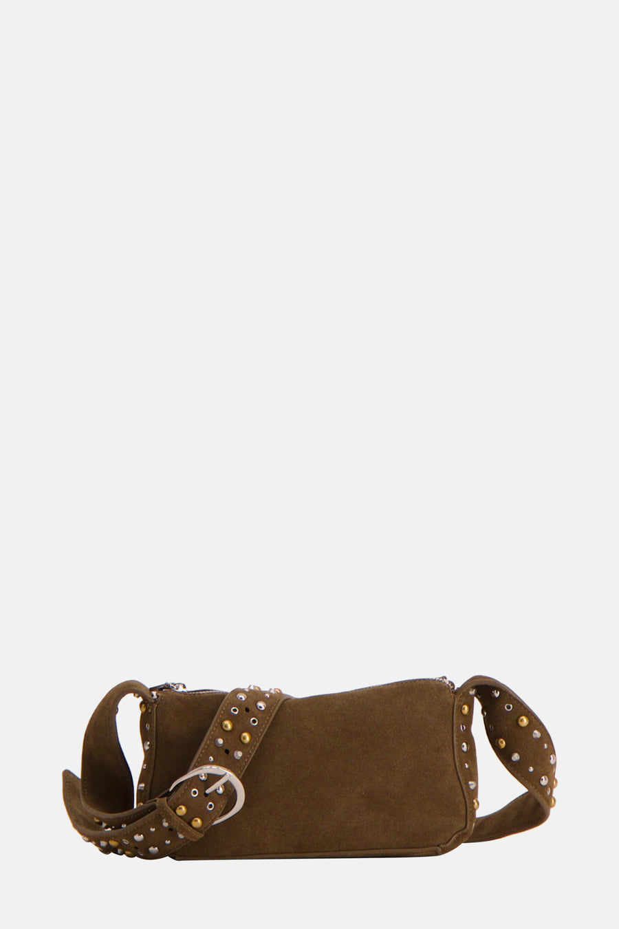 Kaki suède schoudertas van MANGO, met zilveren ritssluiting en nootdetails.