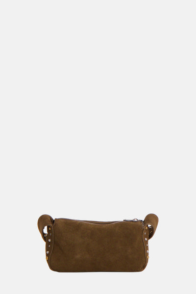 Sac à bandoulière kaki en daim par MANGO, avec fermeture éclair argentée et détails de clous.
