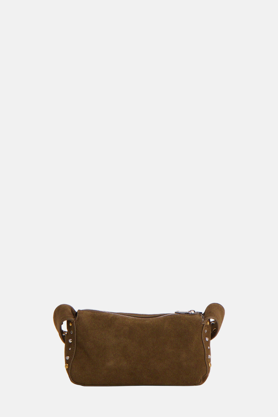 Sac à bandoulière kaki en daim par MANGO, avec fermeture éclair argentée et détails de clous.
