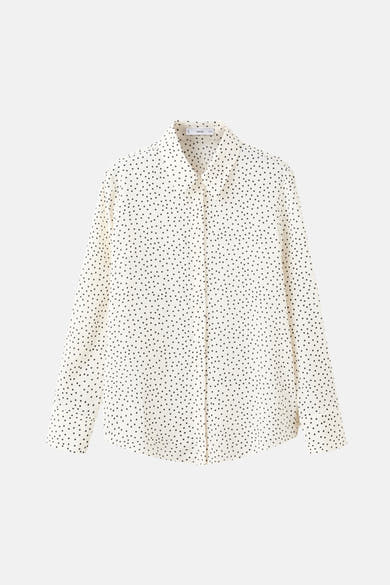 Multikleurige blouse met lange mouwen van MANGO, met zwart polkadotpatroon op een witte achtergrond, rechte pasvorm.
