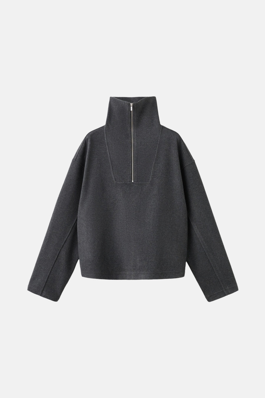Grijze MANGO sweater met een opstaande kraag met rits en wijde lange mouwen.