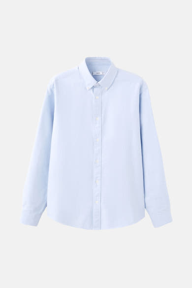 Blauwe blouse met lange mouwen van MANGO, met knoopsluiting en klassieke kraag.