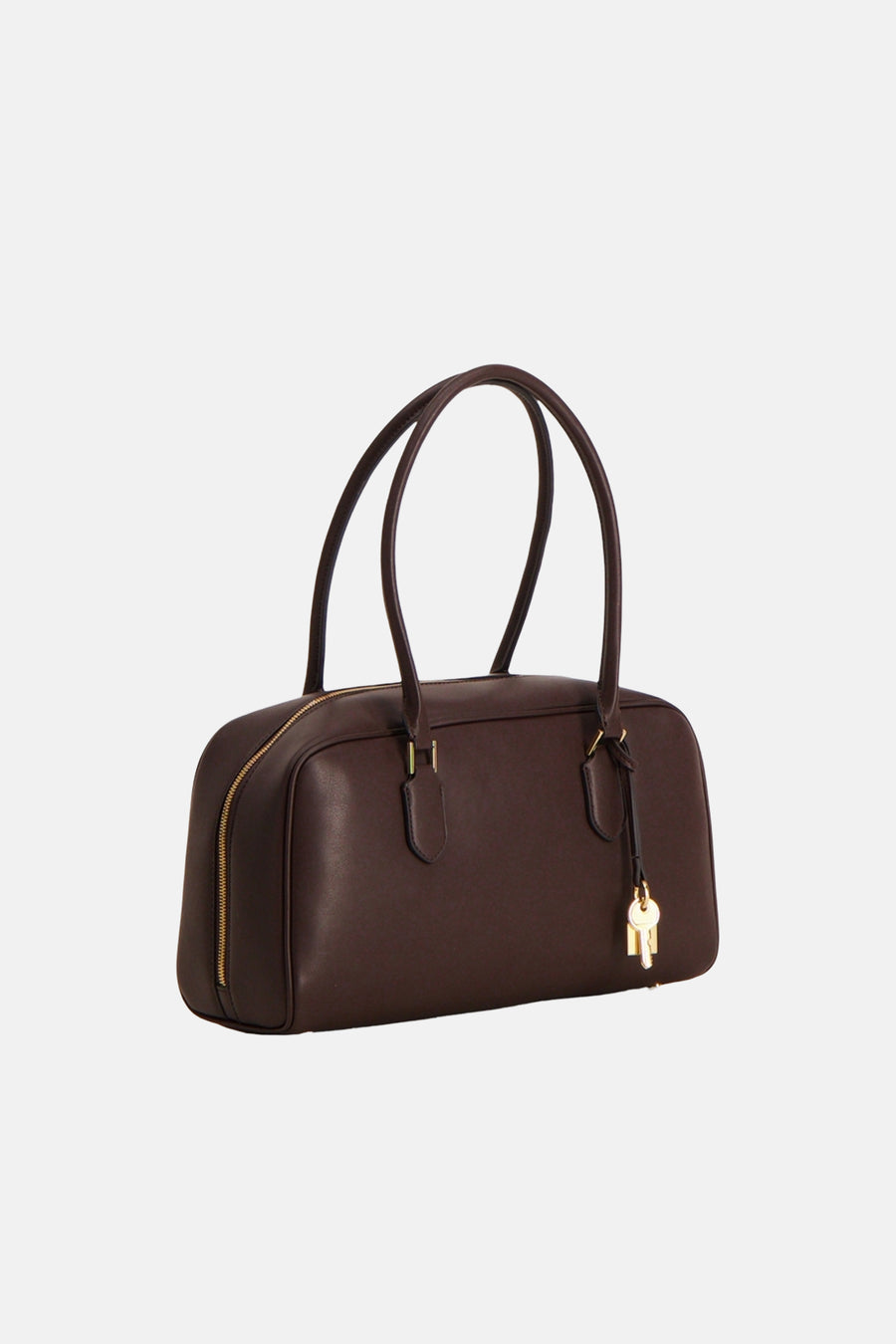 Bruine schoudertas van MANGO, met gouden ritssluiting en decoratieve sleutelhanger.