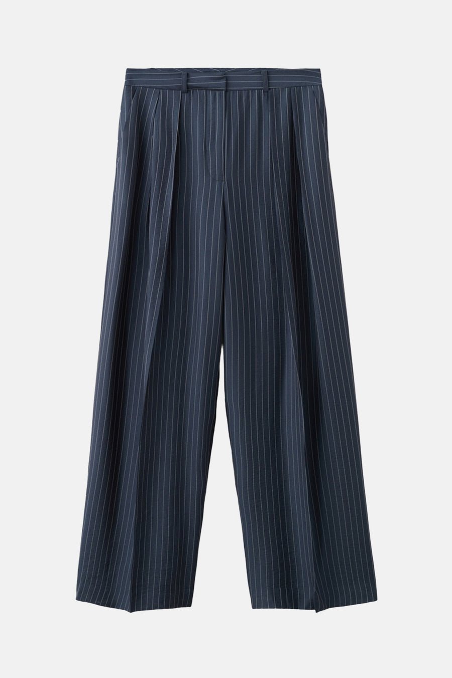 Blauwe broek met fijne strepen van MANGO, losse pasvorm en hoge taille met riemlussen.