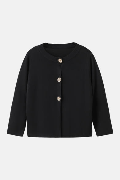 Gilet noir de MANGO avec une texture côtelée et une fermeture boutonnée dorée.