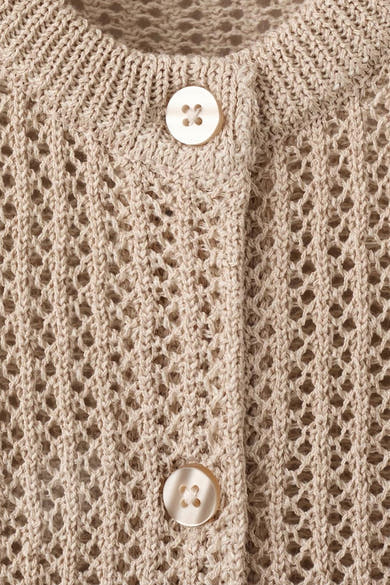 Gilet marron, de MANGO, avec motif ajouré et boutons décoratifs.