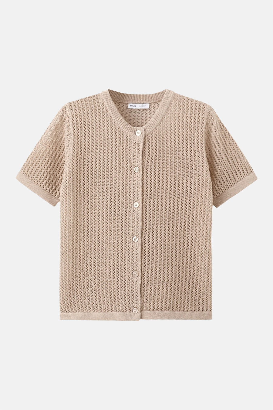 Gilet en maille ajourée marron clair de MANGO, avec des manches courtes et une fermeture boutonnée.