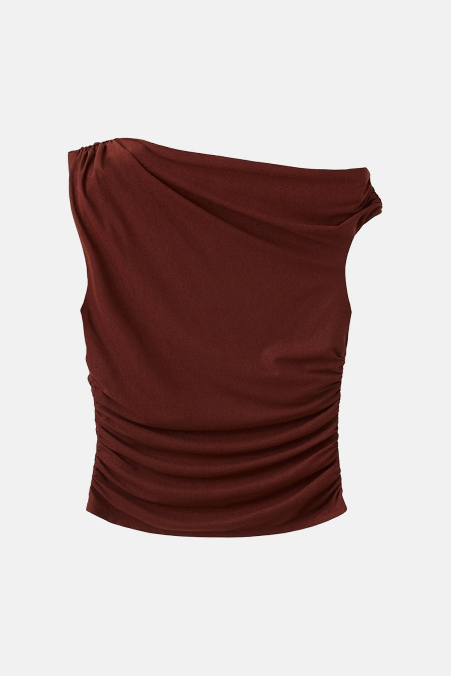 Mouwloze top bruin van MANGO met asymmetrische draperie en plooien aan de zijkant.