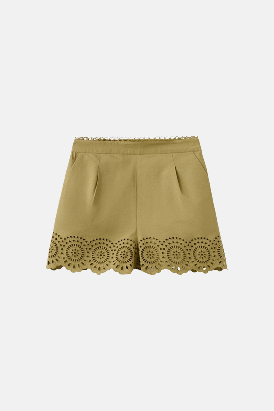 Short kaki de MANGO avec taille à bord festonné et ourlet à broderie ajourée.