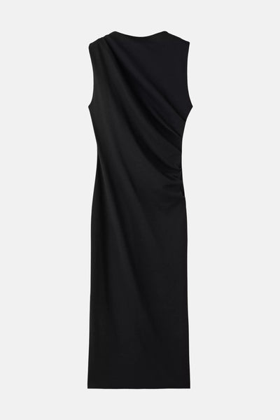 Zwarte mouwloze jurk van MANGO met asymmetrische draperie en zijdelingse plooien.