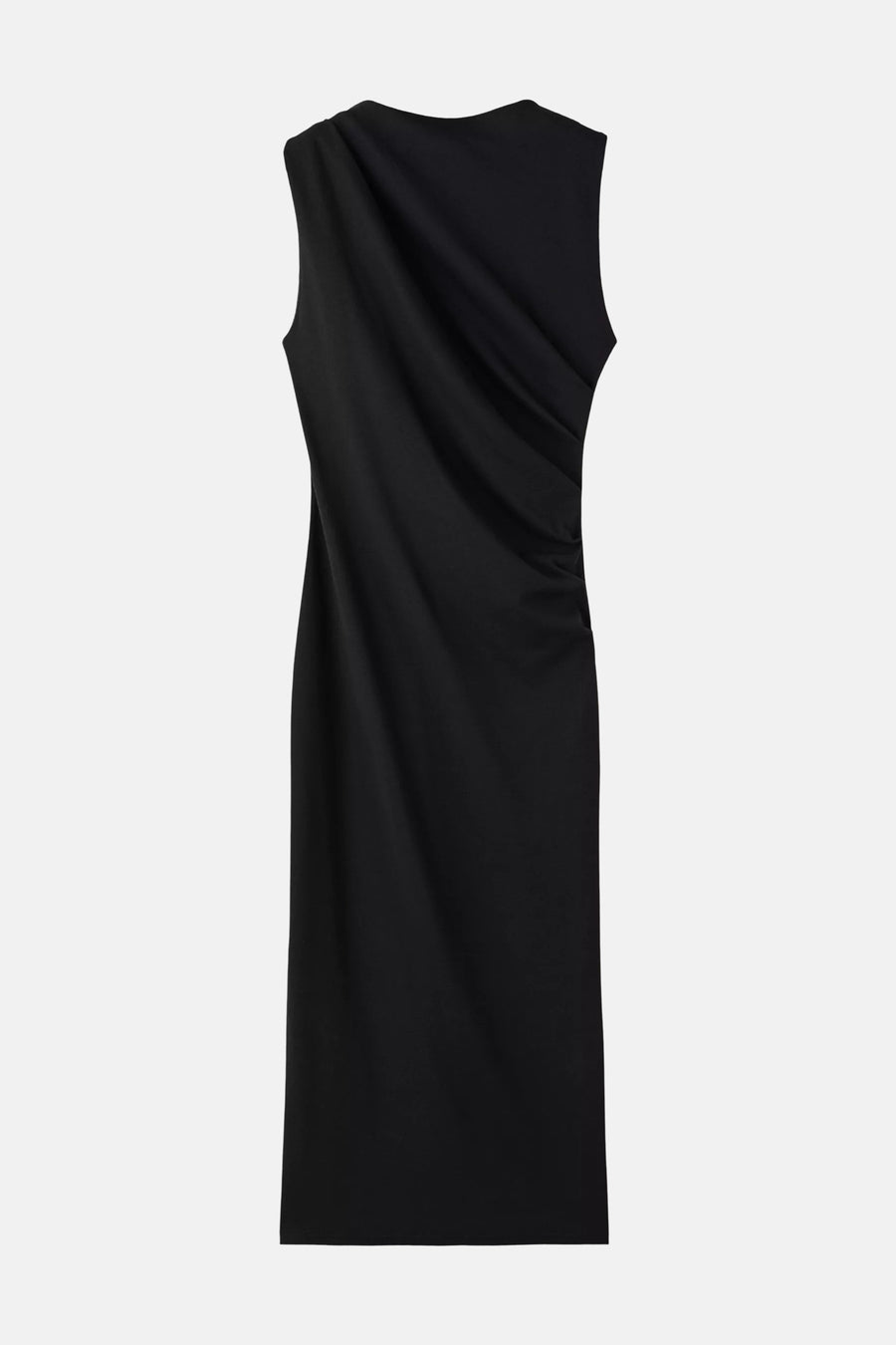 Zwarte mouwloze jurk van MANGO met asymmetrische draperie en zijdelingse plooien.