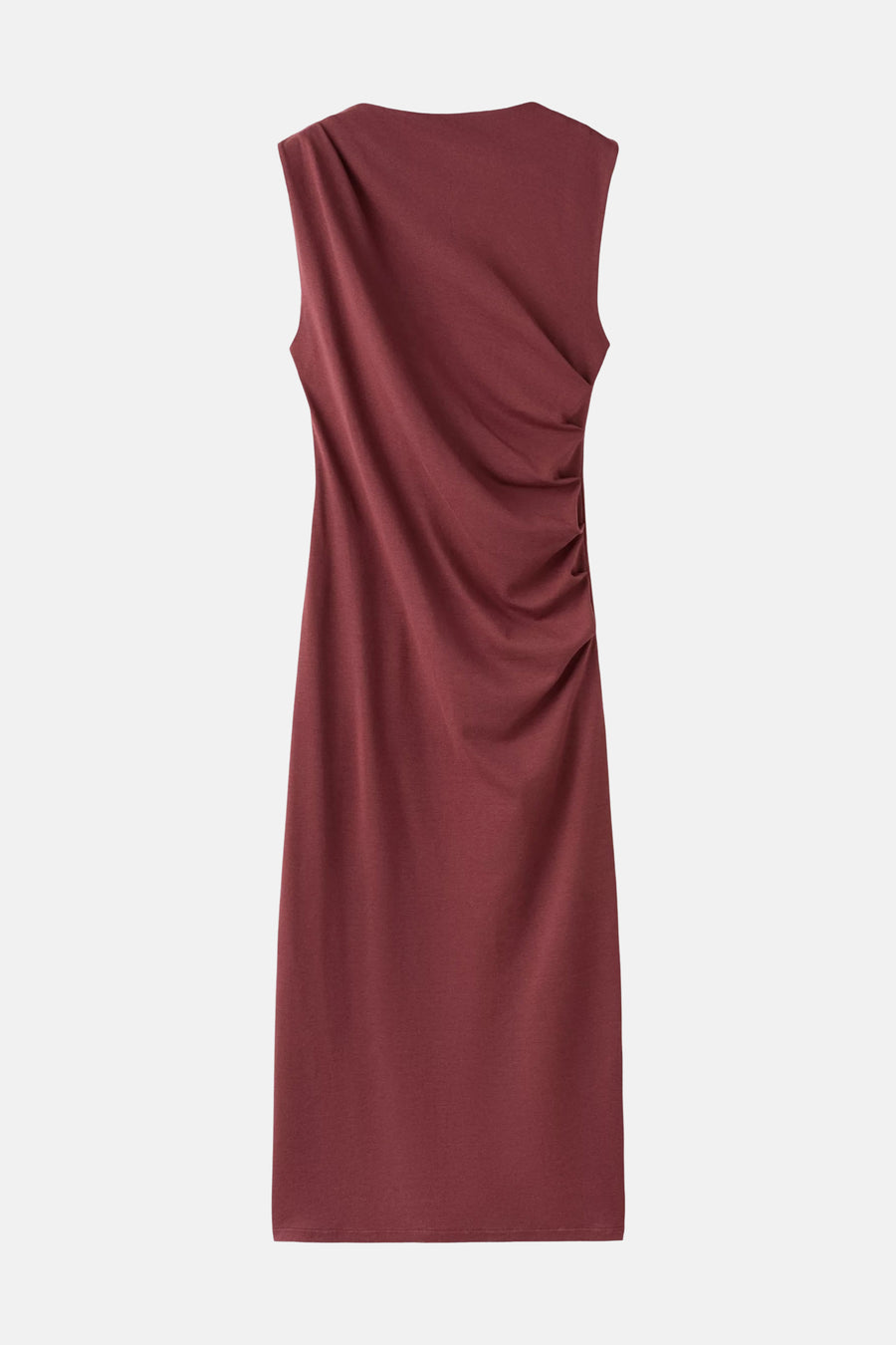 Robe bordeaux sans manches de MANGO, drapée sur le côté, à col rond.