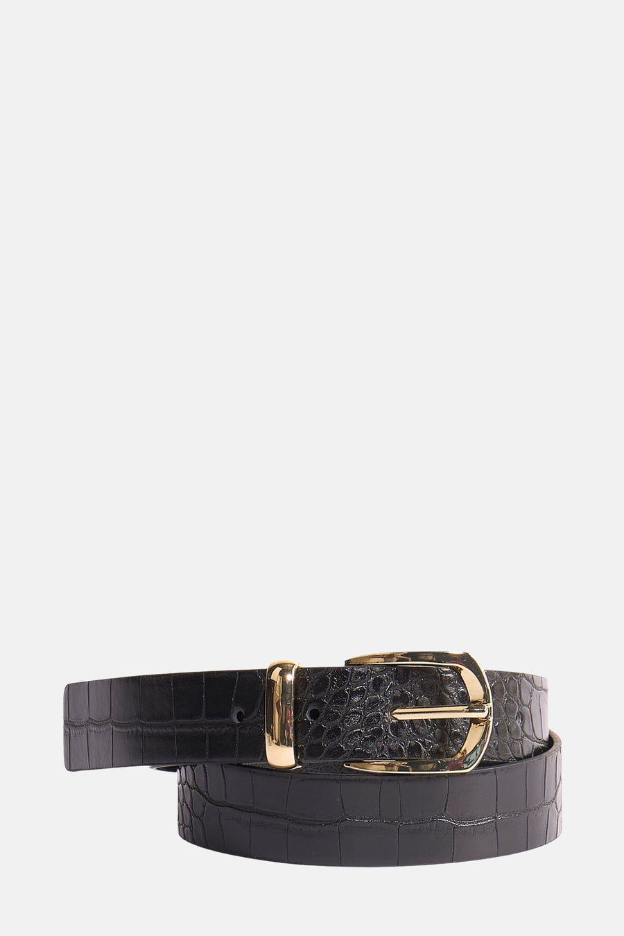 Zwarte riem van imitatieleer van MANGO met gouden gesp en zichtbaar krokodillenpatroon.
