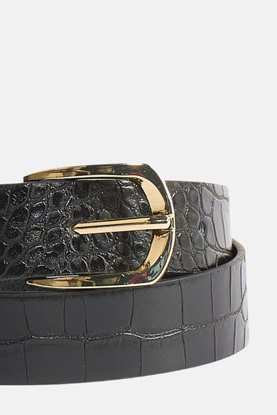 Zwarte riem van imitatieleer van MANGO, met krokodillenprint en rechthoekige gouden gesp.
