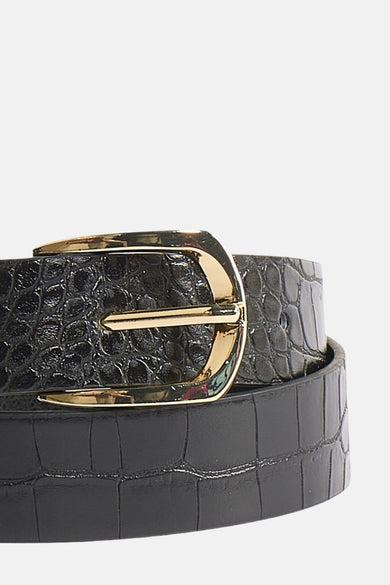 Zwarte riem van imitatieleer van MANGO, met krokodillenprint en rechthoekige gouden gesp.