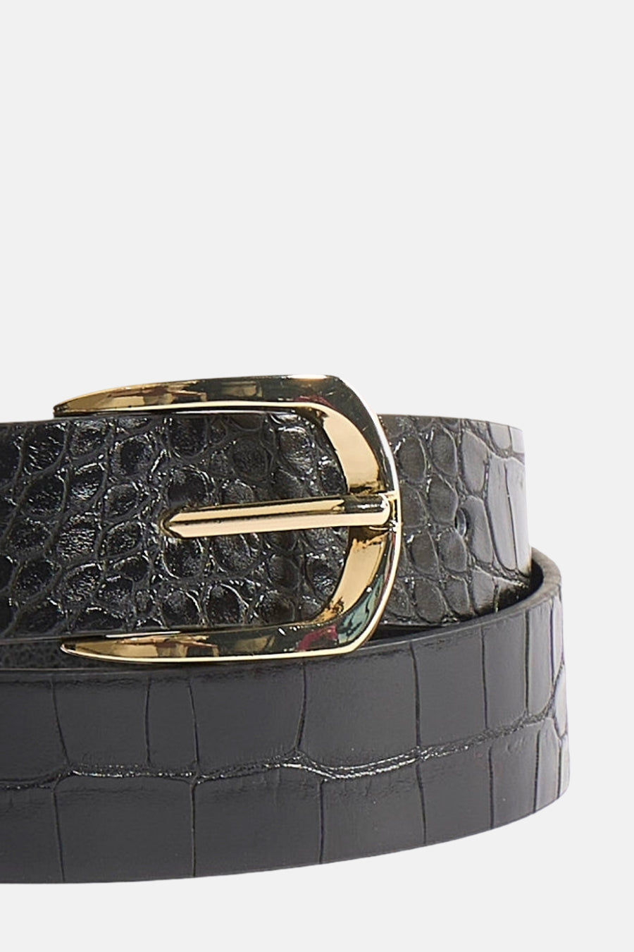 Zwarte riem van imitatieleer van MANGO, met krokodillenprint en rechthoekige gouden gesp.