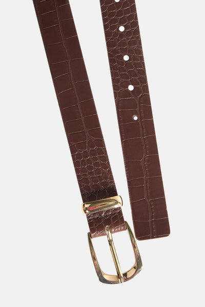 Ceinture marron en cuir by MANGO, motif crocodile et boucle dorée brillante.