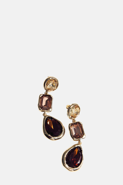 Boucles d'oreilles multicolores de MANGO, ornées de pierres fantaisie dans les tons ambre, prune et topaze.