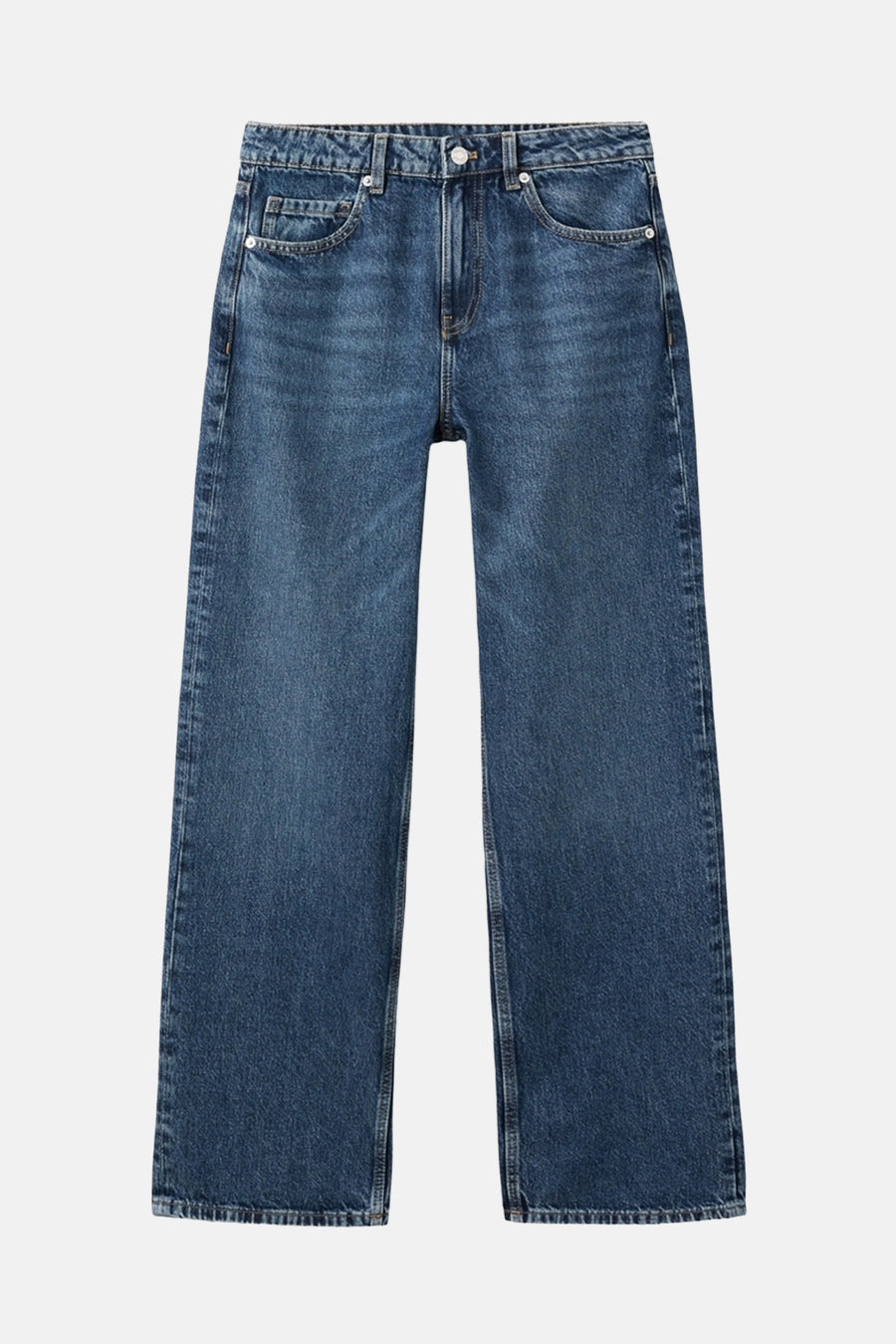 Rechte donkerblauwe spijkerbroek van MANGO, losse pasvorm, klassieke zakken en nette afwerking.