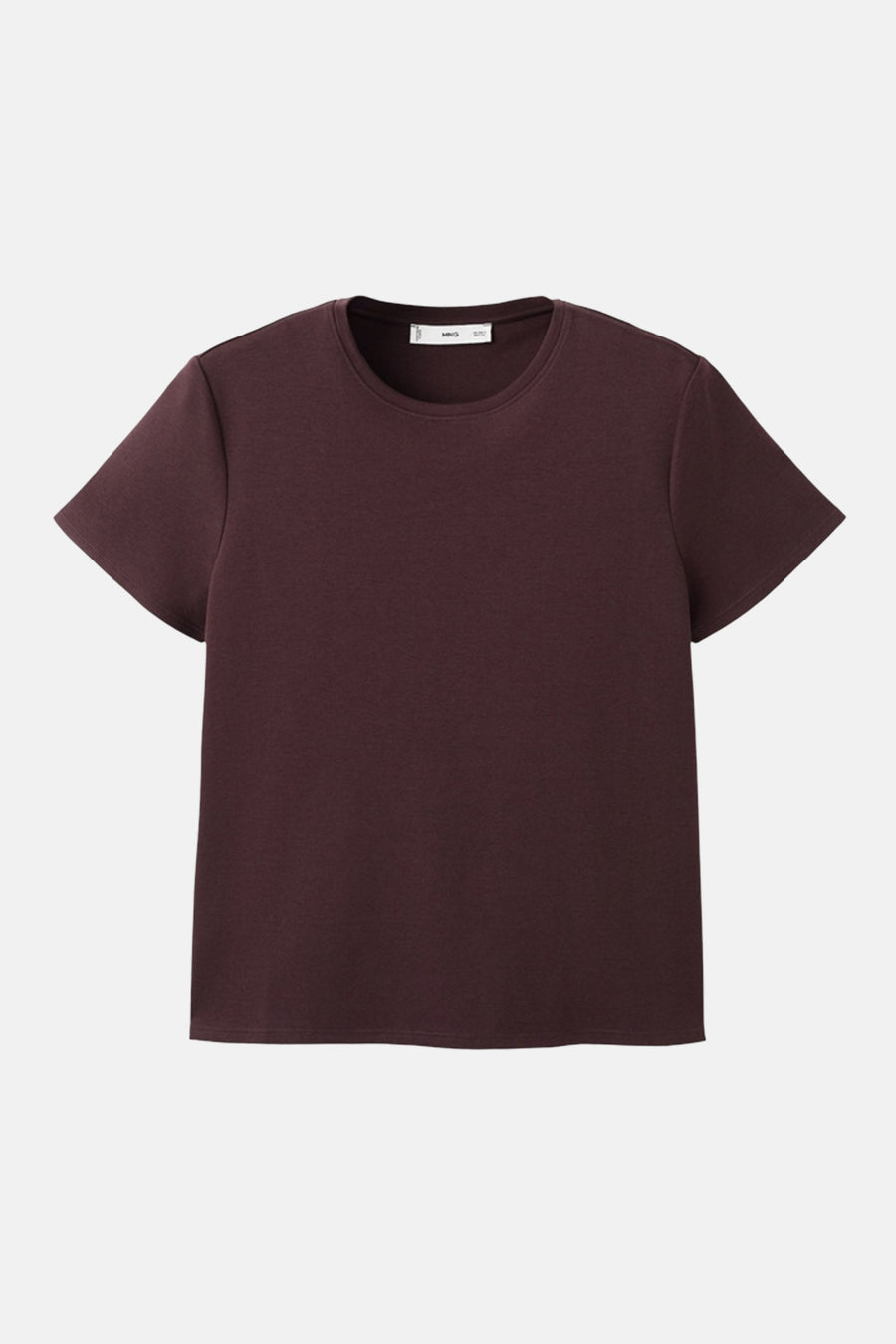 Bordeaux T-shirt met korte mouwen van MANGO, effen op lichte achtergrond.