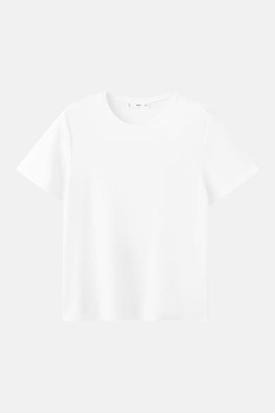 Wit T-shirt met korte mouwen van MANGO, effen en van katoen, op een neutrale achtergrond.