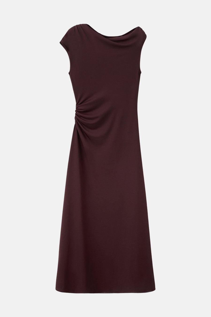 Bordeaux jurk van MANGO, met een draperie aan de zijkant en een midi-snit.