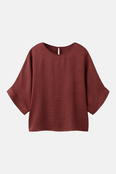 Bruin blouse met korte mouwen van MANGO, van getextureerde stof met een ronde hals en wijde mouwen.