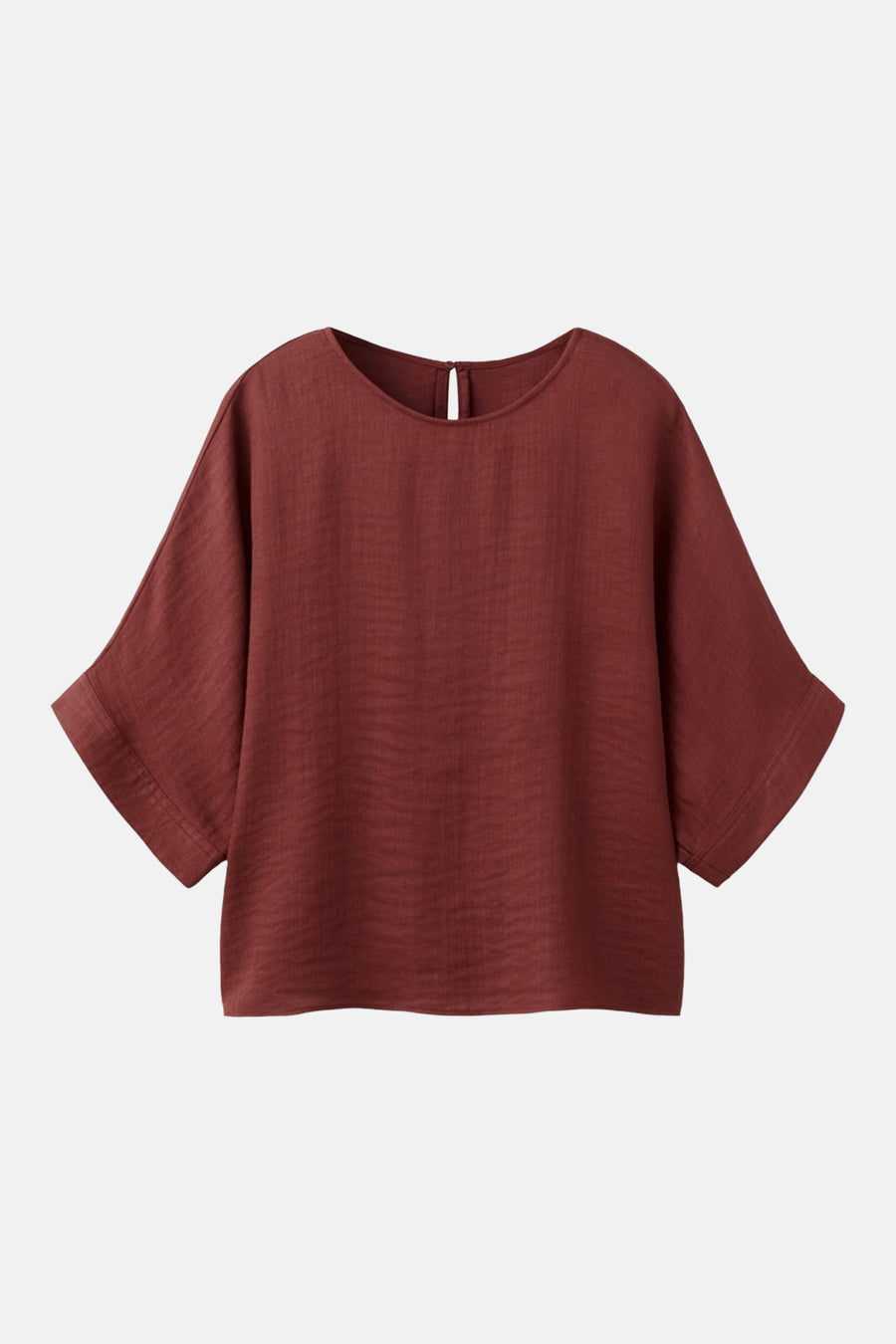 Bruin blouse met korte mouwen van MANGO, van getextureerde stof met een ronde hals en wijde mouwen.