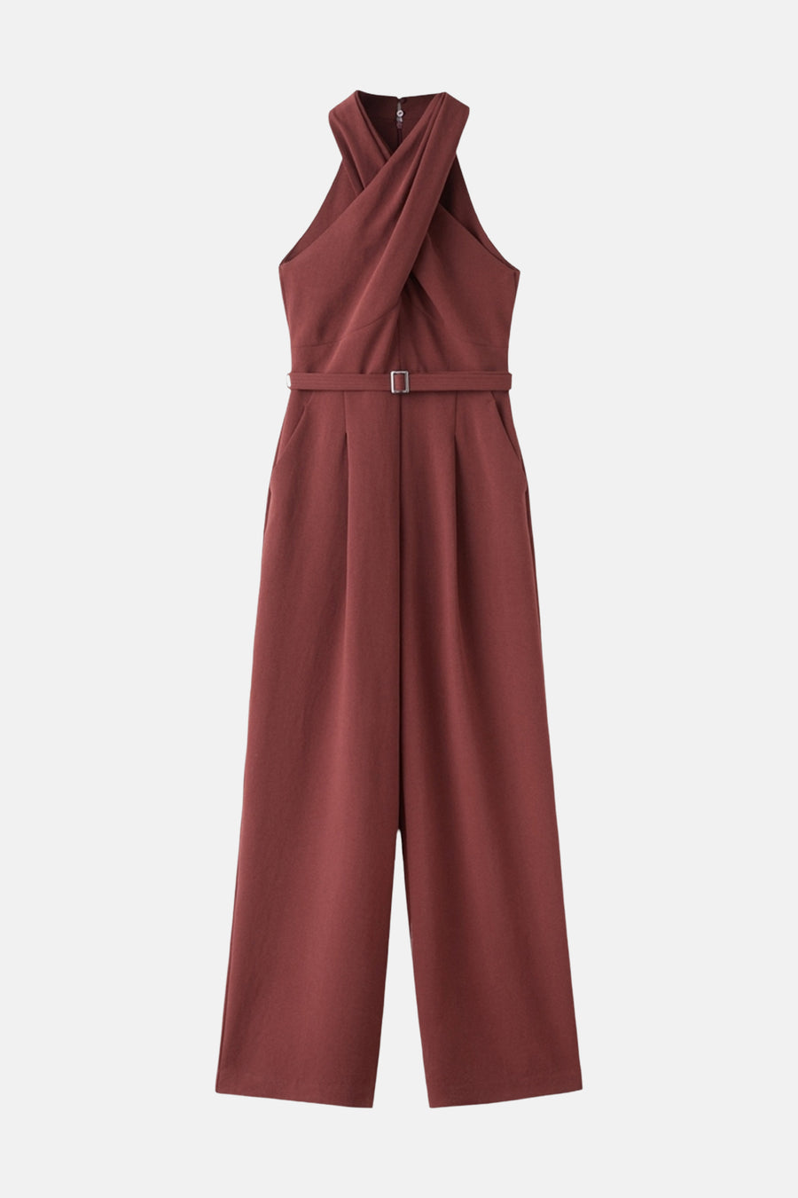 Bruin jumpsuit van MANGO, met een overslag aan de voorkant en een ceintuur met een rechthoekige gesp.