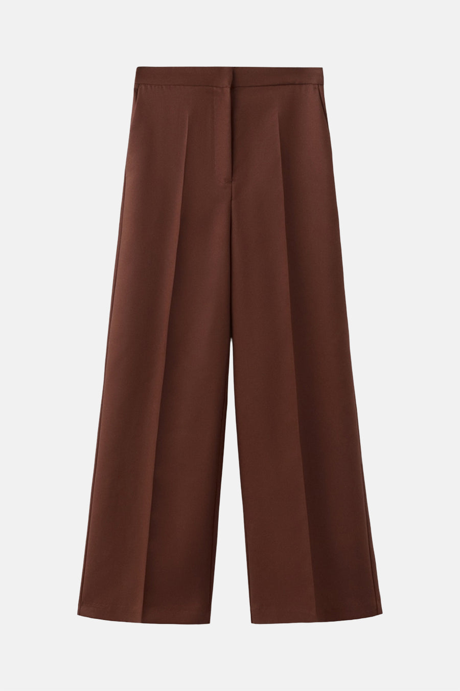 Bruine broek van MANGO, wijde en geplooide pasvorm, op neutrale achtergrond.