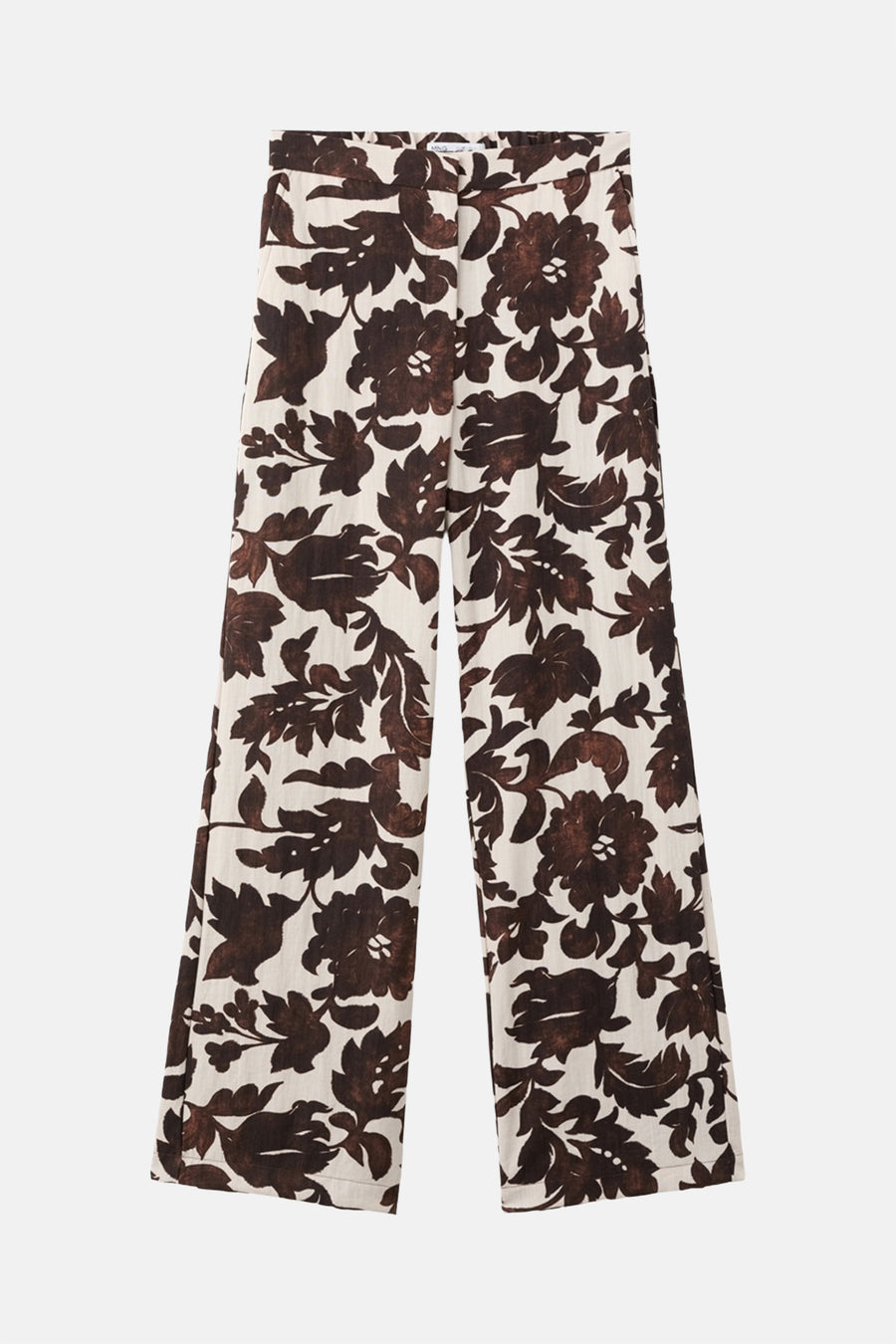 Multikleurige broek van MANGO, met bruin bloemenpatroon op een gebroken witte achtergrond, rechte pasvorm.
