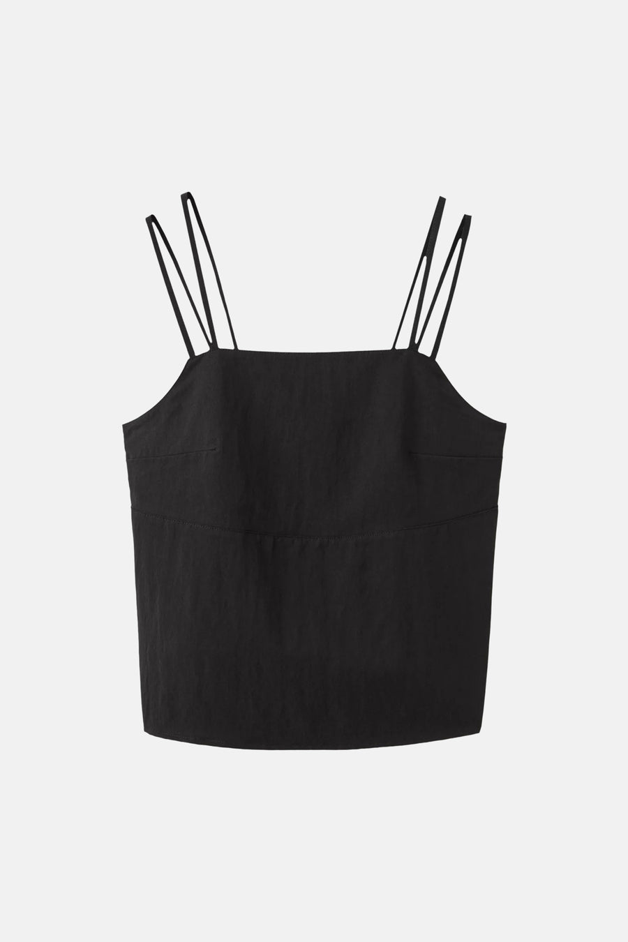 Top noir à fines bretelles de MANGO, décolleté carré, coupe courte en tissu texturé.