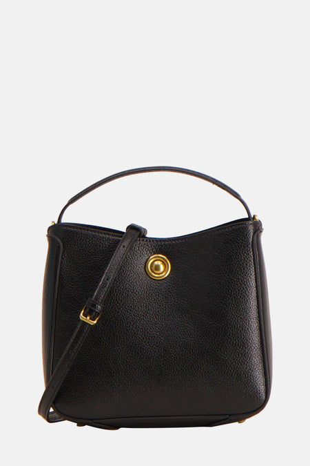 Sac à bandoulière noir en cuir de MANGO avec bandoulière réglable et fermoir doré.
