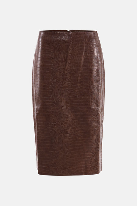 Jupe crayon marron en similicuir de MANGO avec motif peau de crocodile.