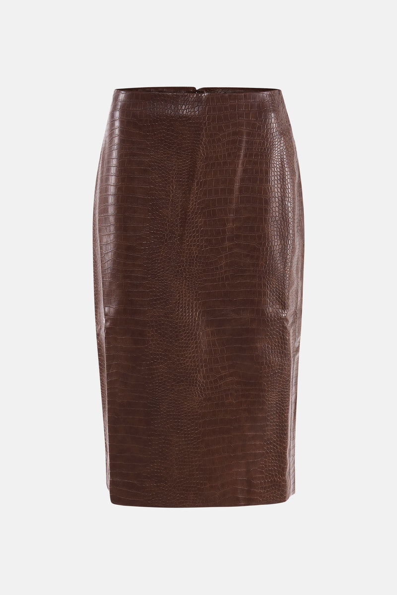 Jupe crayon marron en similicuir de MANGO avec motif peau de crocodile.