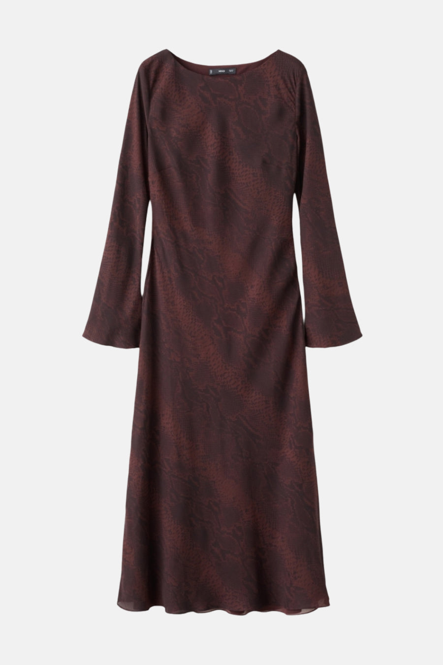 Multikleurige jurk van MANGO, bruin en bordeaux slangenhuidpatroon, lange mouwen met lichte uitlopende zoom.