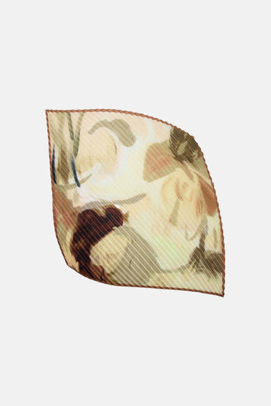 Gele sjaal van MANGO met een abstract patroon in beige- en bruintinten, bruine rand.