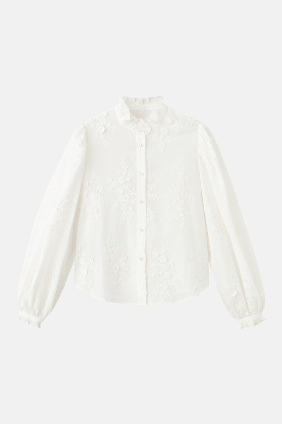 Witte blouse met lange mouwen van MANGO, met delicate bloemenborduursel en opstaande kraag met ruches.