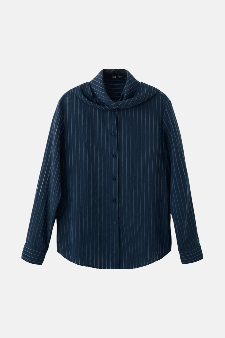 Blauwe blouse met verticale strepen van MANGO, met een sjaalkraag en lange mouwen.