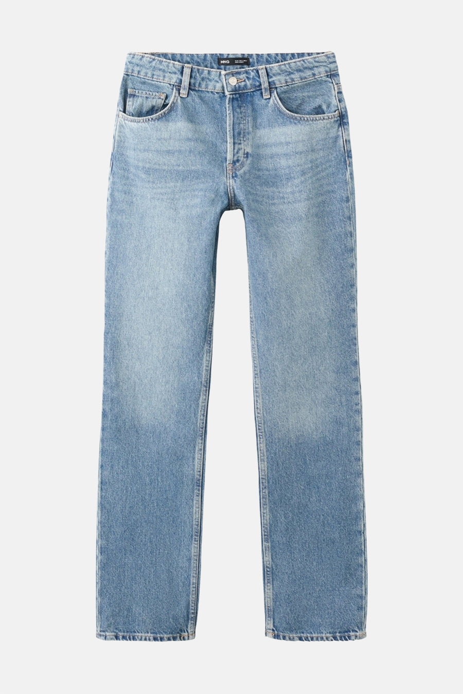 MANGO middinblauwe bootcut jeans, met een rechte pasvorm en een klassieke denimtextuur.