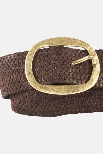 Ceinture tressée marron par MANGO avec boucle ovale dorée vieillie.