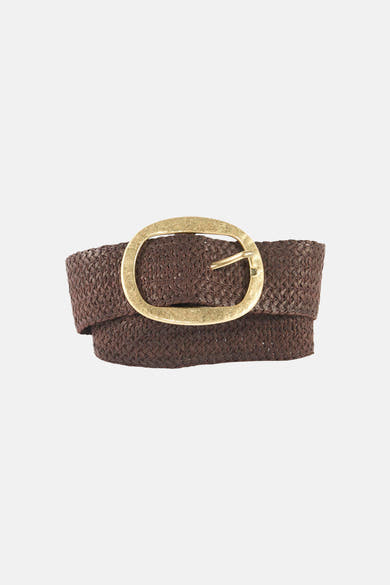Gevlochten bruine riem van MANGO met verouderde gouden ovale gesp.