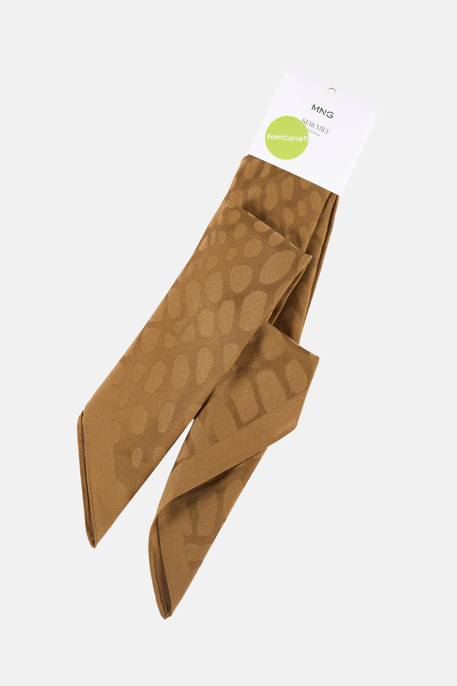 Foulard marron à motifs circulaires by MANGO, avec étiquette de la marque visible.