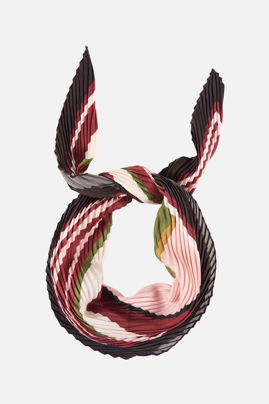 Foulard plissé multicolore de MANGO, noué, avec des rayures dans des tons marron, rouge, vert et rose.