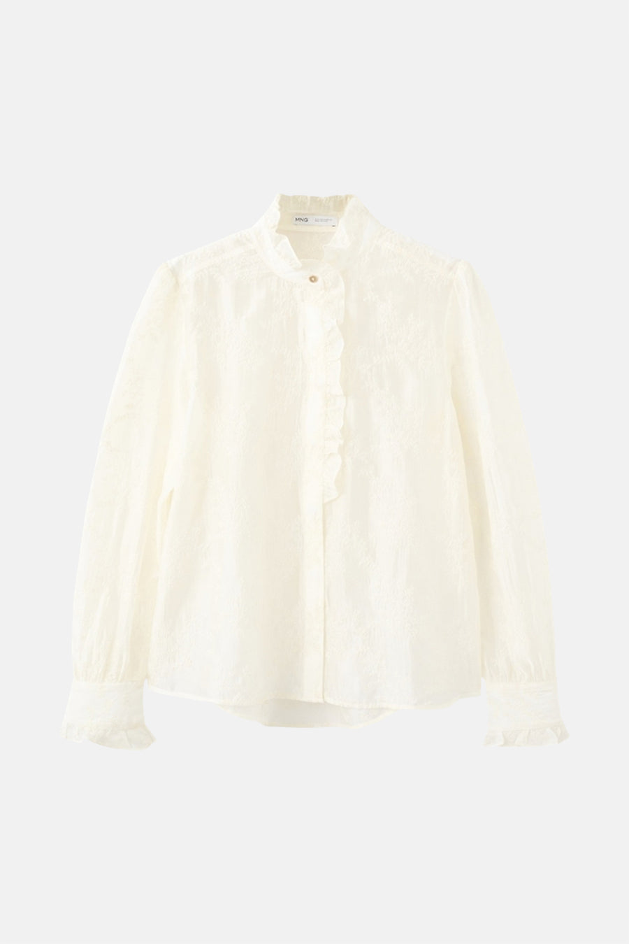 Beige blouse (lange mouwen) van MANGO, met decoratieve ruches en een getextureerd ton-sur-ton patroon.