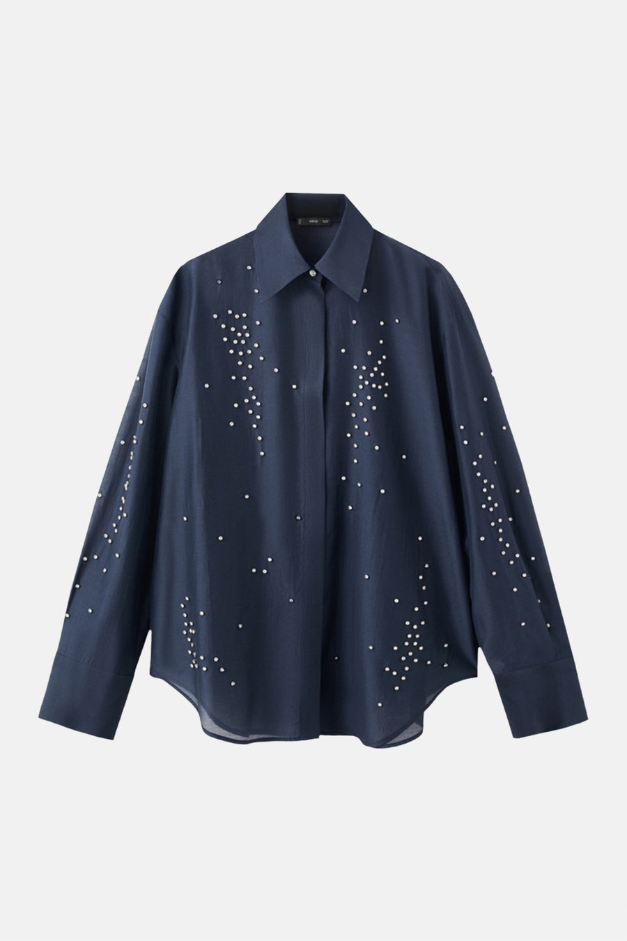 Blauwe blouse met lange mouwen van MANGO, versierd met pareldetails over het geheel.
