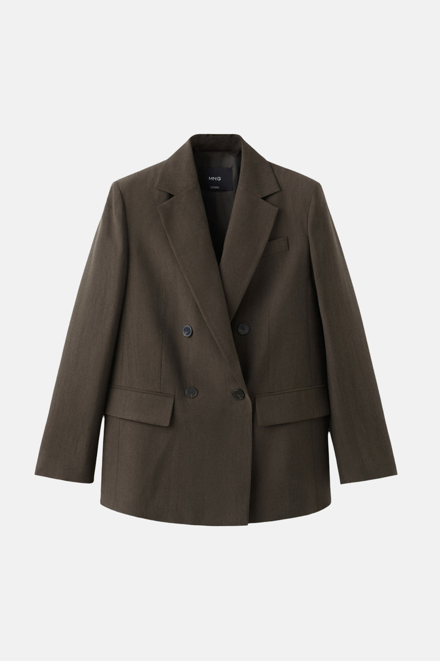 Bruine blazer van MANGO, dubbelgeknoopt met inkeping revers en klepzakken.