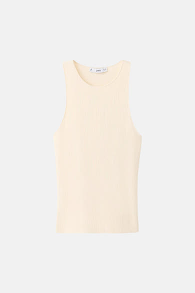 Beige MANGO top in geribde gebreide stof met ronde hals en zonder mouwen.